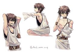  1boy ancient_greek_clothes armpits arms_behind_head arsh_(thestarwish) asymmetrical_clothes bracer brown_hair chiton choker commentary_request detached_sleeves fate/grand_order fate_(series) greco-roman_clothes green_eyes kneeling loose_clothes makarios_(fate) male_focus multiple_views nipples one_eye_closed pectorals seiza sidepec simple_background sitting toned toned_male twitter_username white_background 