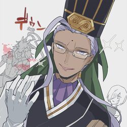  2boys ahoge chen_gong_(fate) chinese_clothes commentary_request dark-skinned_male dark_skin evil_smile facial_mark fate/grand_order fate_(series) female forehead_mark gameplay_mechanics glasses gloves hair_ornament hair_over_one_eye hat horse_boy jest_ht90 long_hair male_focus mash_kyrielight multiple_boys ponytail purple_eyes purple_hair red_hare_(fate) smile smirk sparkle sweat translated tsurime white_gloves wide-eyed 