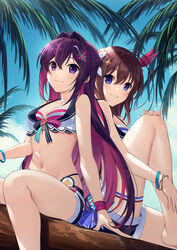  2girls akanebi azki_(hololive) bikini black_hair black_shorts blue_bikini blue_eyes blue_sky bracelet braid breasts brown_hair closed_mouth colored_inner_hair diamond_hair_ornament double-parted_bangs flower french_braid front-tie_bikini_top front-tie_top grin hair_between_eyes hair_flower hair_intakes hair_ornament hair_ribbon hairclip half_updo highleg highleg_bikini highres hololive hololive_summer_2023_swimsuit jewelry knees layered_bikini long_hair looking_at_viewer medium_breasts multicolored_hair multiple_girls navel official_alternate_costume outdoors palm_tree pink_bikini pink_hair purple_eyes red_ribbon ribbon shorts sitting sitting_on_branch sky smile stomach striped_bikini striped_clothes summer swimsuit thigh_strap tokino_sora tree virtual_youtuber white_bikini 