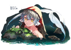  1boy bare_shoulders beads blue_hair cape collarbone grey_hair highres ike_eveland kokuchuutei male_focus mermaid monster_girl multicolored_hair nijisanji nijisanji_en pointy_ears rock virtual_youtuber yellow_eyes 