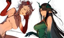  2girls arknights bare_shoulders black_hair braid breasts china_dress chinese_clothes dragon_girl dragon_horns dress dusk_(arknights) dusk_(everything_is_a_miracle)_(arknights) green_dress horns kurogiri long_hair looking_at_viewer looking_down multiple_girls nian_(arknights) nian_(unfettered_freedom)_(arknights) open_mouth pointy_ears red_eyes side_braid sleeveless sleeveless_dress white_dress white_hair 