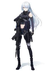  absurdres ak-15 ak-15_(girls&#039;_frontline) assault_rifle black_footwear black_gloves black_pants boots braid breasts clothing_cutout crop_top dlarudgml21 elbow_gloves female french_braid full_body girls&#039;_frontline gloves grey_hair gun hair_over_one_eye highres kalashnikov_rifle long_hair mask mask_around_neck medium_breasts mouth_mask navel pants purple_eyes rifle solo standing stomach_cutout tactical_clothes weapon 