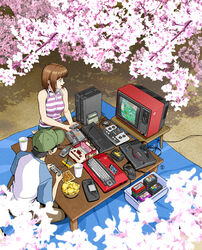  1boy baseball_cap black_hair box brown_hair cherry_blossoms chips_(food) commentary computer_keyboard controller crt english_commentary famicom female food game_cartridge game_console game_controller gamepad glasses green_headwear hanami handheld_game_console hat holding holding_controller holding_game_controller jose_salot original outdoors pc_engine playing_games potato_chips raglan_sleeves sega_mega_drive short_hair sitting sleeveless smile table television 