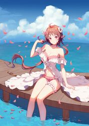  absurdres animal_ears antenna_hair arknights bikini blue_sky blush breasts bridal_garter brown_hair cleavage cloud cloudy_sky dhsl dock eyjafjalla_(arknights) eyjafjalla_(summer_flower)_(arknights) falling_petals female hand_up head_tilt highres horns long_hair medium_breasts ocean off-shoulder_bikini off_shoulder official_alternate_costume outdoors petals pink_bikini pink_eyes plaid plaid_bikini sarong sheep_ears sheep_girl sheep_horns sitting sky smile soaking_feet solo stomach swimsuit water white_sarong 