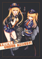  2girls :d absurdres badge baek_hyang bandolier belt belt_pouch black_gloves black_jacket blazer blonde_hair blue_eyes blue_jacket blue_skirt boots bra bra_peek breasts brown_cardigan brown_legwear brown_shirt button_gap cardigan commentary crossed_arms english_text fangs fedora fingerless_gloves fishnets girls&#039;_frontline gloves hair_between_eyes hat highres horns jacket leg_up long_hair long_sleeves looking_at_viewer m870_(girls&#039;_frontline) mechanical_tail medium_breasts miniskirt multiple_girls open_clothes open_jacket open_mouth pantyhose peaked_cap pleated_skirt police police_badge police_hat police_uniform policewoman pouch red_eyes sheriff sheriff_badge shield shield_module shirt shoes short_sleeves skirt smile standing standing_on_one_leg super-shorty_(girls&#039;_frontline) tail thighs twintails two_side_up underwear uniform 