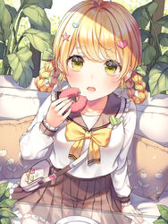  bag black_skirt blonde_hair bow braid couch cushion doughnut female food glass_table hair_ornament hair_ribbon handbag heart highres holding holding_food leaf looking_at_viewer open_mouth original plant plate pleated_skirt ribbon sailor_collar school_uniform shirt sitting skirt soyubee star_(symbol) table twin_braids uniform white_shirt yellow_bow yellow_eyes 