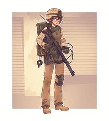  :o absurdres bag benelli_m4 black_gloves blue_eyes boots border brown_footwear brown_hair brown_pants camouflage camouflage_bag camouflage_jacket desert_camouflage female full_body glasses gloves gun handgun hat helmet highres holding holding_gun holding_weapon holster holstered jacket knee_pads long_sleeves looking_at_viewer m1014 m1911 military military_hat military_uniform open_mouth original pants short_hair single_knee_pad solo standing tape teeth uniform vest weapon willy_pete 