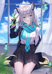  absurdres animal_ear_fluff animal_ears aqua_butterfly aqua_eyes arm_at_side arm_support black_jacket blue_archive blue_butterfly blue_eyes blue_scarf breast_pocket breasts bug butterfly butterfly_on_hand calder_(pixiv3698273) cloud cowboy_shot cross cross_hair_ornament curtains day desk extra_ears female frown gloves green_gloves grey_hair hair_ornament hand_up head_tilt highres indoors inverted_cross jacket leaf long_sleeves looking_at_viewer medium_hair mismatched_pupils necktie off_shoulder on_desk open_clothes open_jacket plaid plaid_skirt plant pleated_skirt pocket scarf school_desk school_uniform shiroko_(blue_archive) shirt shirt_tucked_in sitting skirt sleeves_past_wrists solo white_shirt wind window wolf_ears 