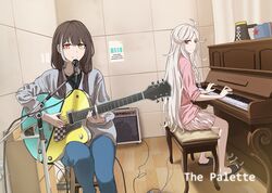  2girls ahoge black_hair commentary electric_guitar english_text girls&#039;_frontline guitar heterochromia instrument long_hair makarov_(girls&#039;_frontline) megaphone microphone microphone_stand mmm_(ji1945) multiple_girls music piano playing_instrument ro635_(girls&#039;_frontline) sitting studio symbol-only_commentary upright_piano white_hair 