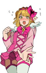  blonde_hair bow bowtie braid crown_braid e.g.o_(project_moon) female foreshortening from_below hairband hairbow highres library_of_ruina long_sleeves looking_at_viewer medium_hair mu46016419 pink_bow pink_bowtie pink_hairband pink_nails pink_skirt project_moon queen_of_hatred simple_background skirt thighhighs tiphereth_a_(project_moon) two_side_up white_background white_thighhighs 