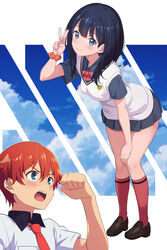  1boy black_hair black_skirt blue_eyes blush breasts commentary_request female full_body gridman_universe gridman_universe_(film) hibiki_yuuta highres kneehighs leaning_forward loafers long_hair looking_at_viewer medium_breasts nanikairu necktie orange_scrunchie red_socks school_uniform scrunchie shoes skirt socks ssss.gridman takarada_rikka teeth thighs upper_teeth_only v wrist_scrunchie 