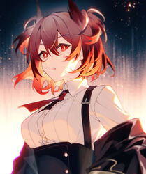  arknights backlighting black_jacket black_skirt breasts bright_pupils buckle chinese_commentary closed_mouth collared_shirt commentary_request feather_hair female fiammetta_(arknights) gradient_background hair_between_eyes high-waist_skirt highres idass_(idass16) jacket large_breasts looking_at_viewer necktie off_shoulder open_clothes open_jacket partial_commentary red_eyes red_hair red_necktie shirt short_hair skirt solo suspender_skirt suspenders underbust upper_body white_shirt 