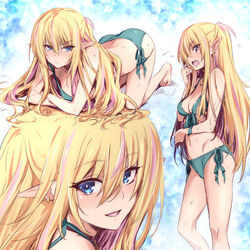  all_fours aqua_bikini ass barefoot bikini blonde_hair blue_eyes blush breasts cleavage crossed_arms earrings elf embarrassed female flying_sweatdrops from_side front-tie_bikini_top front-tie_top frown half_updo highschool_elf_(nakahira_guy) jewelry long_hair long_pointy_ears looking_at_viewer looking_to_the_side multicolored_hair multiple_views nakahira_guy navel open_mouth original pink_hair pointy_ears ponytail side-tie_bikini_bottom smile streaked_hair swimsuit v-shaped_eyebrows very_long_hair wet 