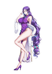  absurdres breasts china_dress chinese_clothes dress earrings fate/grand_order fate_(series) feather_boa female full_body high_heels highres jewelry large_breasts long_hair low-tied_long_hair minamoto_no_raikou_(fate) minamoto_no_raikou_(traveling_outfit)_(fate) parted_bangs purple_dress purple_eyes purple_footwear purple_hair simple_background sleeveless sleeveless_dress smile solo standing very_long_hair white_background xiao_gen 