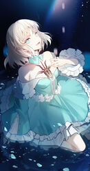  absurdres bare_shoulders black_dress blonde_hair blue_eyes blurry depth_of_field detached_collar dress fate/prototype fate/prototype:_fragments_of_blue_and_silver fate_(series) female frilled_dress frilled_sleeves frills hand_on_own_chest highres k7_(kk7_000) looking_at_viewer lower_teeth_only medium_hair open_mouth sajou_manaka smile solo teeth 