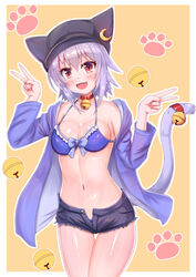  :d animal_ears bare_shoulders bell bikini black_headwear black_shorts blue_bikini blue_jacket breasts cat_girl cat_tail choker cleavage cocoasabure collarbone cowboy_shot crescent cutoffs double_v fake_animal_ears female front-tie_bikini_top front-tie_top grey_hair halterneck hands_up highres indie_virtual_youtuber jacket jingle_bell long_sleeves looking_at_viewer medium_breasts navel oerba_yun_fang off_shoulder open_clothes open_fly open_jacket open_mouth paw_print paw_print_background red_eyes short_hair short_shorts shorts slit_pupils smile solo stomach swimsuit tail tail_bell tail_ornament thigh_gap thighs v virtual_youtuber yukie_suzu 