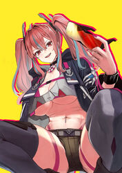  azur_lane black_choker black_thighhighs breasts bremerton_(azur_lane) choker commentary_request female green_shorts hair_between_eyes highres holding holding_removed_eyewear large_breasts looking_at_viewer medium_hair nail_polish navel navel_piercing neko61 open_mouth photoshop_(medium) piercing pink_nails red_eyes red_hair shorts simple_background smile solo squatting sunglasses teeth thighhighs twintails unworn_eyewear yellow_background 