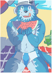  2007 anthro beach beau_(bo-gilliam) beaugilliam blue_body blue_fur blush bulge canid canine canis clothing domestic_dog eating food fruit fur hat headgear headwear male mammal melon nipples outside plant seaside solo swimwear tongue tongue_out watermelon watermelon_slice 