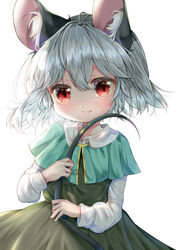  absurdres animal_ear_fluff animal_ears aqua_capelet ashino_chimado bloom closed_mouth commentary_request dress female gold_trim grey_dress grey_hair hair_between_eyes highres holding_own_tail light_blush long_sleeves looking_at_viewer mouse_ears nazrin puffy_sleeves red_eyes short_hair simple_background solo tail touhou white_background 