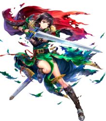  asatani_tomoyo belt belt_pouch black_hair black_legwear boots breasts brown_eyes cape closed_mouth dress earrings female fingerless_gloves fingernails fire_emblem fire_emblem:_thracia_776 fire_emblem_heroes full_body fur_trim gloves gold_trim green_dress green_gloves hair_ornament highres holding holding_weapon jewelry knee_boots leg_up looking_away mareeta_(astra_awakened)_(fire_emblem) mareeta_(fire_emblem) medium_breasts medium_hair non-web_source official_art pouch red_cape sheath short_sleeves skin_tight solo sword torn_cape torn_clothes torn_footwear transparent_background weapon wide_sleeves 