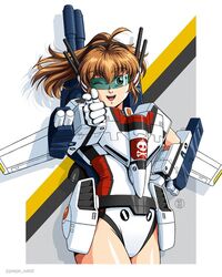  1980s_(style) ;) ahoge armored_lady_(bandai) blue_eyes border brown_hair choujikuu_yousai_macross commentary commission english_commentary female finger_gun gloves hand_on_own_hip hayase_misa humanization jolly_roger jose_salot leotard long_hair looking_at_viewer macross making-of_available mecha_musume missile_pod one_eye_closed pointing pointing_at_viewer retro_artstyle roundel smile solo twitter_username u.n._spacy upper_body vf-1 vf-1_strike vf-1s visor white_border white_gloves white_leotard 