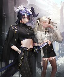  2girls alchemy_stars alternate_costume arm_at_side arm_tattoo ascot belt belt_buckle black_jacket black_legwear black_pants black_ribbon black_shirt black_shorts blue_eyes blue_hair breasts brooch buckle building bush carleen_(alchemy_stars) closed_mouth collared_shirt commentary crop_top dragon_tail fingernails frilled_shirt frills gold_trim hair_ribbon hand_in_pocket hand_on_hilt high_collar highres horns jacket jacket_on_shoulders jewelry long_hair long_sleeves looking_at_viewer md5_mismatch medium_breasts medium_hair midriff mocca_(mocca_nine) multicolored_hair multiple_girls navel necklace outdoors pants puffy_long_sleeves puffy_sleeves ribbon sharona_(alchemy_stars) sharp_fingernails sheath sheathed shirt shorts smile striped_clothes striped_pants sword tail tattoo thighhighs turtleneck two-tone_hair vertical-striped_clothes vertical-striped_pants watch weapon white_hair white_shirt wristwatch yellow_eyes 