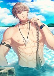  1boy abs bara blue_sky braid braided_ponytail chase_(king&#039;s_raid) cloud collarbone commentary_request king&#039;s_raid large_pectorals long_hair male_focus mature_male muscular muscular_male navel nipples nude nuzuki_(mamewo) outdoors pectorals scar sky solo stomach water 