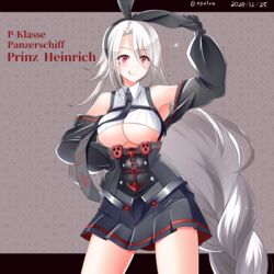  2020 :q absurdres anchor_symbol animal_ears azur_lane bare_shoulders black_gloves black_hairband black_skirt braid breasts character_name fake_animal_ears female gloves hair_between_eyes hairband hand_up hebitsukai-san highres iron_blood_(emblem) large_breasts long_hair miniskirt off_shoulder pleated_skirt prinz_heinrich_(azur_lane) rabbit_ears red_eyes single_braid skirt solo tongue tongue_out underboob very_long_hair white_hair 