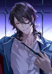  1boy adjusting_clothes backlighting black_hair black_necktie blazer blue_jacket ensemble_stars! indoors jacket looking_at_viewer male_focus medium_hair necktie necktie_grab neckwear_grab open_collar purple_sky red_eyes rrr_(reason) sakuma_rei_(ensemble_stars!) school_uniform shirt sidelocks sky smile solo twilight twitter_username upper_body watermark weibo_watermark white_shirt window yumenosaki_school_uniform 