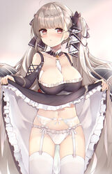  :t ahoge ass_visible_through_thighs azur_lane between_breasts black_bow black_dress black_nails bow breasts cleavage closed_mouth clothes_lift clothing_cutout collarbone cowboy_shot detached_collar dress dress_lift earrings female formidable_(azur_lane) frilled_dress frills garter_belt grey_hair hairbow highres jewelry kana_(kuaua) large_breasts lifting_own_clothes long_hair long_sleeves looking_at_viewer nail_polish navel panties photoshop_(medium) pout red_eyes shoulder_cutout solo standing stomach thighhighs thighs twintails underwear v-shaped_eyebrows very_long_hair white_panties white_thighhighs 