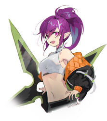  :d armpits astrid_remond astrid_remond_(earth) bad_id bad_twitter_id bare_shoulders black_jacket breasts chakram commentary_request crop_top cropped_torso female highres holding holding_weapon jacket korean_commentary long_hair long_sleeves looking_at_viewer lord_of_heroes medium_breasts midriff multicolored_hair navel off_shoulder open_clothes open_jacket open_mouth pointy_ears ponytail purple_eyes purple_hair shirt sidelocks simple_background sleeveless sleeveless_shirt smile solo soyoong_jun stomach streaked_hair v-shaped_eyebrows weapon white_background white_shirt 