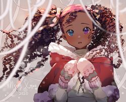  2020 artist_self-insert blue_eyes blush brown_hair capelet christmas commentary curly_hair dark-skinned_female dark_skin english_commentary female forehead fur-trimmed_capelet fur_trim hair_ribbon heterochromia highres long_hair looking_at_viewer making-of_available merry_christmas mittens nachoz_(nachozart) portrait purple_eyes real_life red_capelet ribbon ringlets solo turtleneck twintails very_dark_skin winter_clothes 