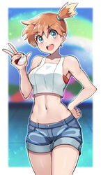  :d bare_arms blue_eyes blush border breasts buttons commentary cowboy_shot crop_top eyelashes female hair_between_eyes hair_tie hand_on_own_hip hand_up highres holding holding_poke_ball kasumi_(pokemon) looking_at_viewer midriff navel one_side_up open_mouth orange_hair outside_border poke_ball poke_ball_(basic) pokemon pokemon_lgpe shiny_skin shirt short_shorts shorts side_ponytail sleeveless sleeveless_shirt smile solo teeth tongue upper_teeth_only w white_border white_shirt yasu_suupatenin 