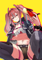  azur_lane black_choker black_thighhighs breasts bremerton_(azur_lane) choker closed_mouth female green_shorts hair_between_eyes highres holding holding_removed_eyewear large_breasts looking_at_viewer medium_hair nail_polish navel navel_piercing neko61 photoshop_(medium) piercing pink_nails red_eyes red_hair shorts simple_background smile solo squatting sunglasses thighhighs twintails unworn_eyewear yellow_background 