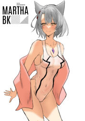  absurdres animal_ears bare_shoulders braid breasts brown_eyes cleavage closed_mouth collarbone commentary_request covered_navel covered_nipples female grey_hair groin hair_between_eyes highres marthabucks medium_breasts mio_(xenoblade) one-piece_swimsuit short_hair simple_background smile solo swimsuit twitter_username white_background white_one-piece_swimsuit xenoblade_chronicles_(series) xenoblade_chronicles_3 