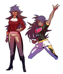  absurdres arm_up ascot boots breasts bright_pupils brown_pants buttons champion_uniform charizard_pose commentary_request dark-skinned_female dark_skin dynamax_band female genderswap_(mtf) hand_on_own_hip high_heel_boots high_heels highres jacket korean_commentary leggings leon_(pokemon) long_hair long_sleeves multiple_views pants pokemon pokemon_swsh purple_hair red_jacket redlhzz rule_63 shield_print shirt short_shorts short_sleeves shorts sleeve_rolled_up sword_print tailcoat white_ascot white_shorts yellow_eyes 