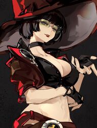  absurdres black_background black_choker black_hair blue_eyes bob_cut breasts choker cleavage collarbone crop_top female fingerless_gloves found_modori gloves green-tinted_eyewear guilty_gear guilty_gear_strive hat highres i-no large_breasts looking_at_viewer midriff mole mole_above_mouth navel parted_lips red_eyes red_lips shaded_face short_hair short_sleeves simple_background solo stomach sunglasses tinted_eyewear venus_symbol witch witch_hat 