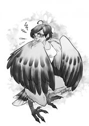  2023 avian blush breasts clothing embarrassed european_mythology eyewear feathered_wings feathers feet female glasses greek_mythology harpy hi_res humanoid looking_at_viewer monochrome mythological_avian mythological_creature mythology nakitacat shirt solo standing talons toes topwear wings 