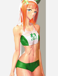  abs absurdres animal_ears athungkaew blue_eyes breasts buruma commentary cowboy_shot female green_buruma green_sports_bra grey_background hairband highres horse_ears horse_girl lips long_hair looking_at_viewer medium_breasts navel orange_hair parted_lips see-through see-through_sports_bra silence_suzuka_(umamusume) simple_background sleeveless smile solo sports_bra sportswear stomach straight_hair sweat toned two-tone_sports_bra umamusume underwear wet wet_clothes white_sports_bra 