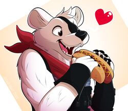  2022 anthro bear black_nose brown_eyes claws clothed clothing digital_media_(artwork) eating eating_food epic_games eye_patch eyewear finger_claws food fortnite fully_clothed fur glistening glistening_eyes heart_symbol hi_res holding_food holding_hot_dog holding_object hot_dog ketchup leo-wolf male mammal mustard open_mouth open_smile polar_bear polar_patroller sharp_teeth smile solo teeth tongue topwear ursine vest white_body white_fur 