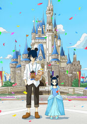  1boy absurdres bad_id bad_pixiv_id black_hair black_pants blue_dress blue_footwear brown_footwear castle cinderella cinderella_(disney) cinderella_(disney)_(cosplay) closed_mouth confetti cosplay day disney dress facial_hair father_and_daughter female flag full_body goto_hime goto_kakushi hair_over_one_eye hand_in_pocket highres holding holding_stuffed_toy kakushigoto lolicon long_hair long_sleeves looking_at_viewer mickey_mouse_ears mr._potato_head outdoors pants paruko50 shirt shoes short_hair smile standing stubble stuffed_animal stuffed_toy teddy_bear white_shirt 