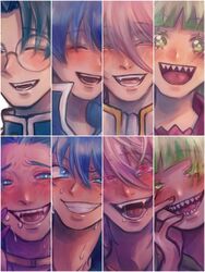  3boys :d ami_kiriwo asmodeus_alice blue_eyes blue_hair blunt_bangs blush closed_eyes column_lineup demon_boy demon_girl drooling fangs female glasses green_eyes green_hair hair_between_eyes hand_up highres looking_at_viewer mairimashita!_iruma-kun multiple_boys multiple_views open_mouth parted_bangs pi_(peechan) pink_hair popped_collar red_eyes sharp_teeth smile suzuki_iruma sweat teeth valac_clara 