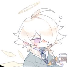  1boy arknights bishounen chibi coat coffee cup disposable_coffee_cup disposable_cup enforcer_(arknights) fingerless_gloves gloves hair_over_eyes hair_over_one_eye halo male_focus necktie paegeon purple_eyes solo white_hair wings 