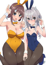  2girls alternate_costume animal_ears bare_shoulders blue_eyes blush braid breasts brown_hair chougei_(kancolle) cleavage comala_(komma_la) fake_animal_ears grey_hair hair_ornament hairband hairclip highres i-201_(kancolle) kantai_collection large_breasts leotard long_hair looking_at_viewer multiple_girls nape_braid open_mouth pantyhose playboy_bunny rabbit_ears wrist_cuffs 