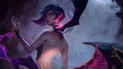  absurdres backless_dress backless_outfit bare_shoulders dress eyeshadow female fingernails from_side glowing glowing_eyes highres league_of_legends magic makeup medium_hair morgana_(league_of_legends) multiple_wings outdoors parted_lips pointy_ears purple_eyes purple_eyeshadow purple_hair purple_lips rock ruins sharp_fingernails smile solo sword upper_body weapon wings zhouzx1026 