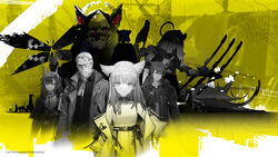  2boys 2girls animal_ears arknights arknights:_endfield beard buttons cat_ears chen_qianyu_(arknights) commentary concept_art dragon_horns dress english_commentary extra_ears facial_hair glasses greyscale_with_colored_background halftone halftone_background highres hood hood_down hooded_jacket horns jacket liduke looking_at_viewer material_growth monochrome moustache multiple_boys multiple_girls neckerchief off_shoulder official_art open_clothes open_jacket oripathy_lesion_(arknights) perlica_(arknights) prototype_design shirt short_hair sleeveless sleeveless_dress upper_body yellow_theme 