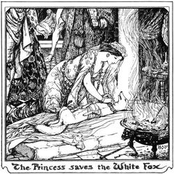  1907 20th_century ambiguous_gender ancient_art bandage black_and_white canid canine clothed clothing collar duo ear_piercing ear_ring eye_contact fairy_tales female feral fire fox fur h_j_ford hair human inside lang&#039;s_fairy_books looking_at_another low_res male mammal monochrome nude piercing public_domain ring_piercing short_hair text the_comb_and_the_collar the_olive_fairy_book traditional_media_(artwork) white_body white_fur wounded 