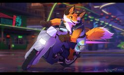  2023 anthro brown_body brown_fur canid canine clothed clothing digital_media_(artwork) driving epic_games fennix_(fortnite) fortnite fox fully_clothed fur glistening glistening_eyes gloves handwear hi_res leo-wolf letterbox male mammal motorcycle open_mouth open_smile orange_body orange_fur outside red_fox riding_motorcycle smile solo teeth tongue true_fox vehicle white_body white_fur 