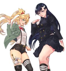  2girls absurdres asymmetrical_legwear black_hair black_jacket black_legwear black_shorts black_skirt blazer blonde_hair blue_eyes boots bow bowtie breasts burn_the_witch collared_shirt dress_shirt green_eyes green_jacket hair_between_eyes hair_ornament highres jacket kerana_art kneehighs large_breasts long_hair long_sleeves looking_at_viewer miniskirt multiple_girls niihashi_noel ninny_spangcole open_clothes open_jacket open_mouth pleated_skirt red_bow school_uniform shirt short_shorts shorts simple_background single_thigh_boot single_thighhigh skindentation skirt socks suspender_shorts suspenders thigh_boots thigh_strap thighhighs twintails uneven_legwear very_long_hair wand white_background white_shirt 