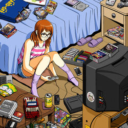  bed bedroom black-framed_eyewear brown_eyes brown_hair commentary controller coronavirus_pandemic crt cutoffs donna_(jose_salot) english_commentary famicom female game_cartridge game_console game_controller gamepad glasses indoors jose_salot knees_together_feet_apart low_twintails messy_room original pc_engine playing_games short_hair shorts sitting socks solo striped super_famicom tank_top television twintails 